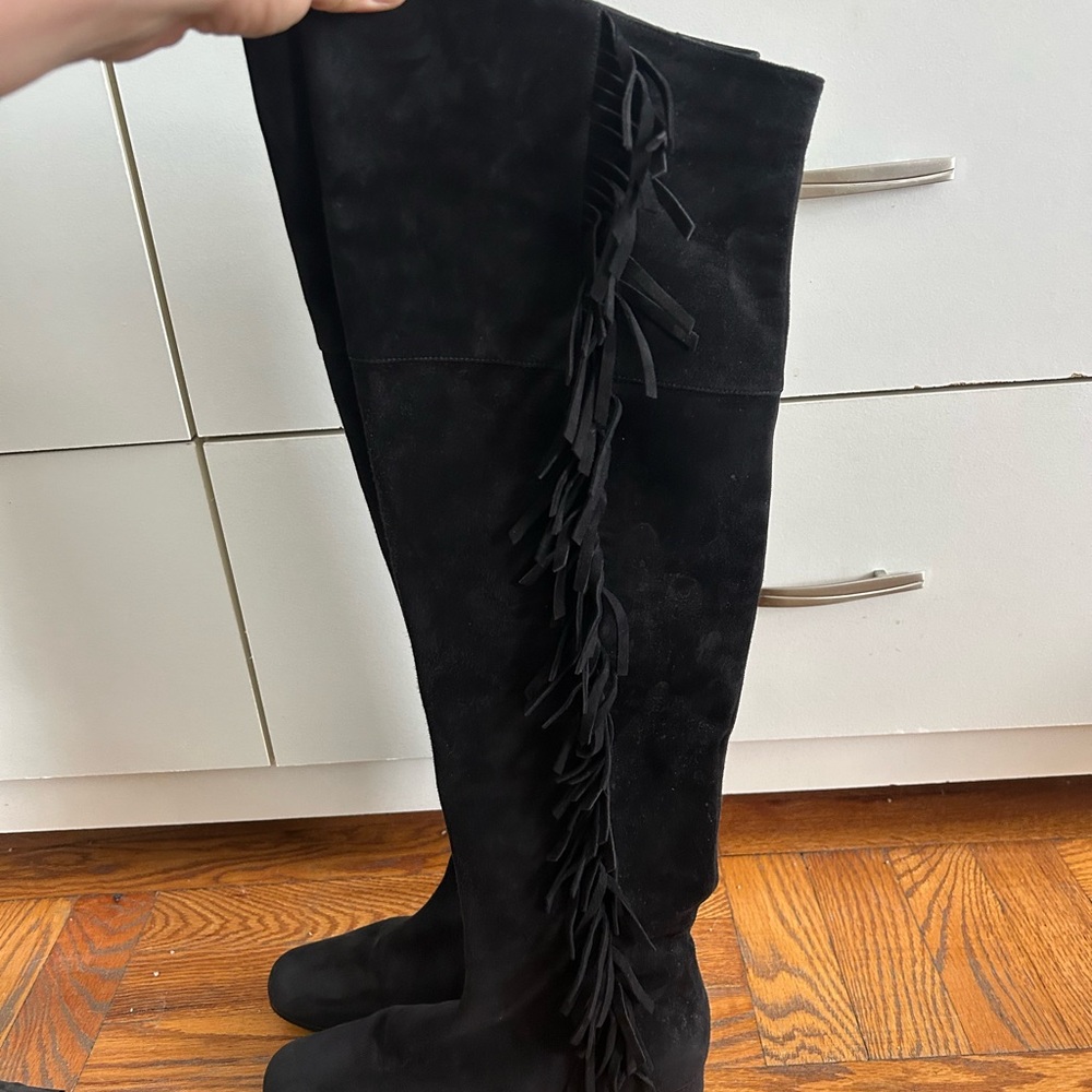 Saint Laurent Black Over the Knee Boots with Fringe
